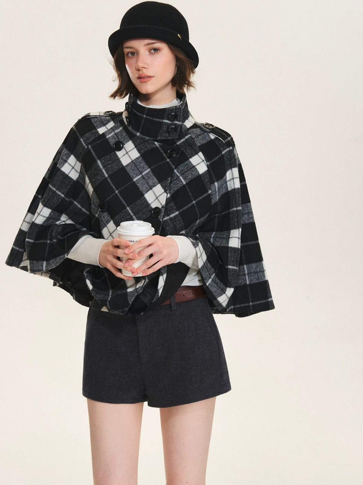 Checked Wool Blend Cape Coat