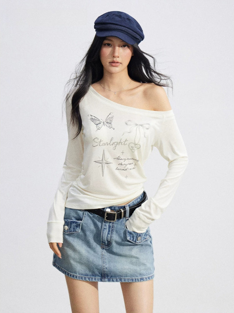 Irregular Off-Shoulder Butterfly T-shirt