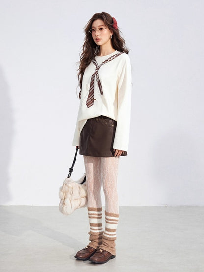 Pearl-Tie Printed Loose Long-Sleeve T-Shirt