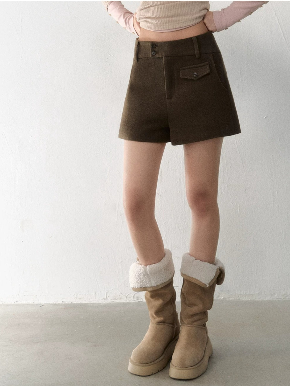 High-Waisted Wool Blend Shorts