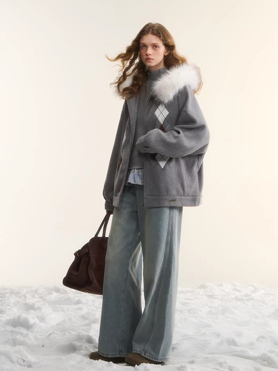 Argyle Patch Wool Hoodie Cardigan