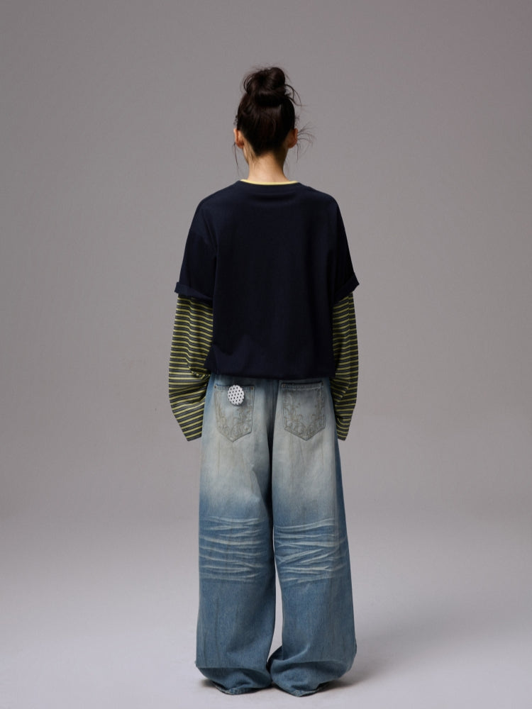 Fake Two-Piece Contrast Color Loose Striped T-Shirt