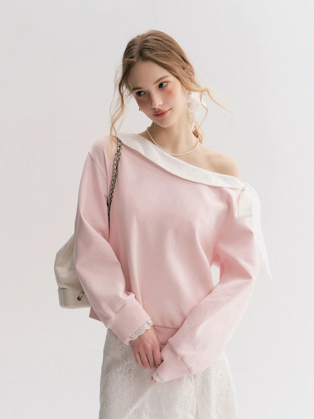 Navy &amp; Pink Bow Off-Shoulder Sweatshirt