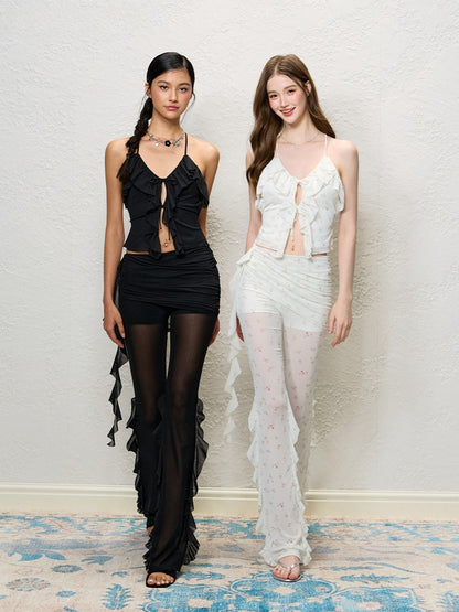 Black &amp; White Ruffle V-Neck Tank &amp; Sheer Pants Set