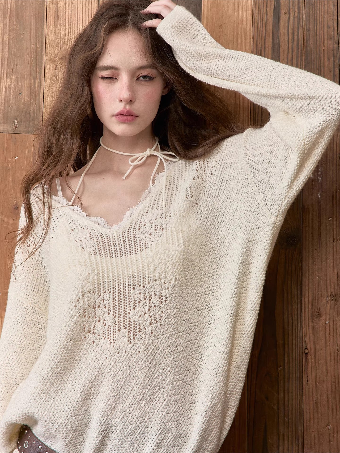 Apricot Lace Trim Knit V-Neck Sweater