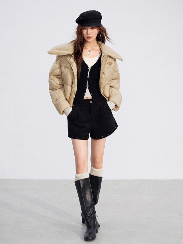 Large Lapel Knit-Panel Down Jacket