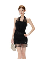 Black Sequin-Waist Halter Dress