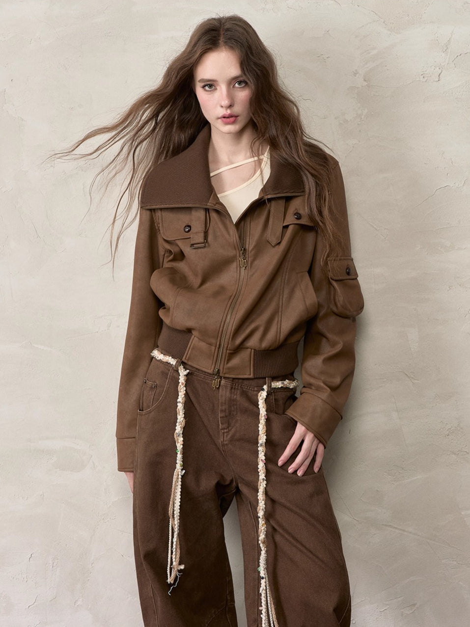 Retro PU Contrast Collar Jacket