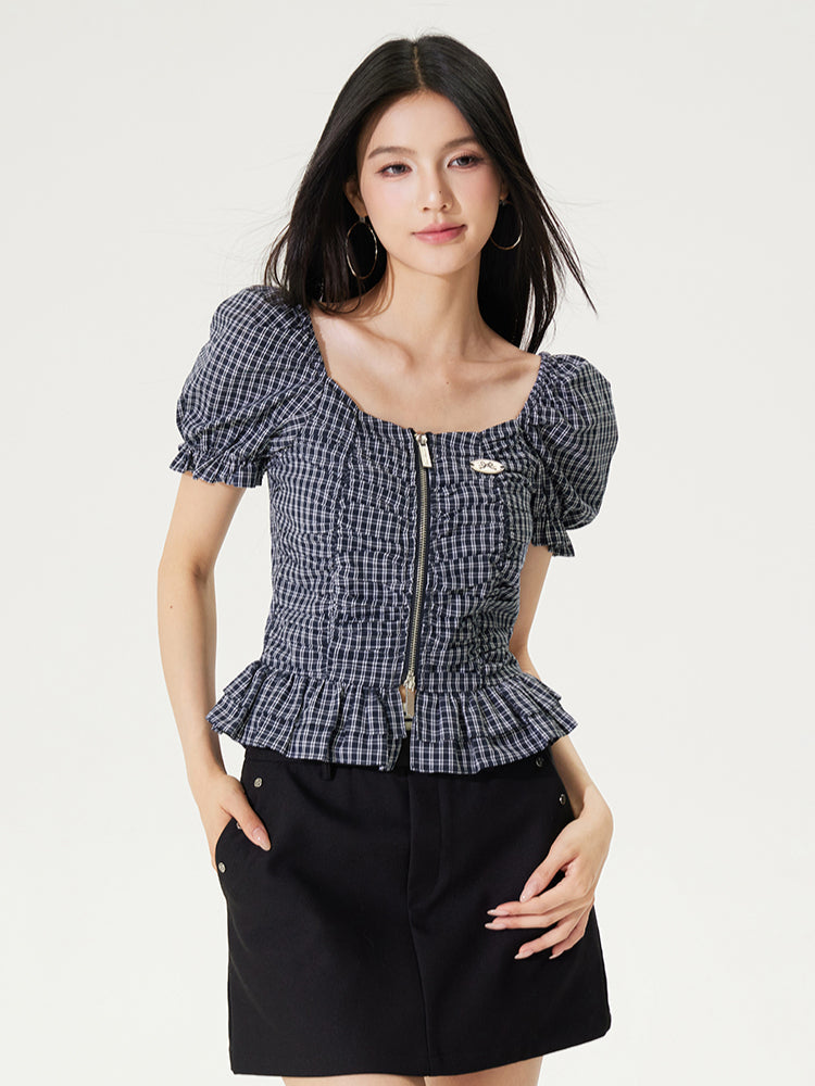 Puff Sleeve One-Word Collar Plaid Top