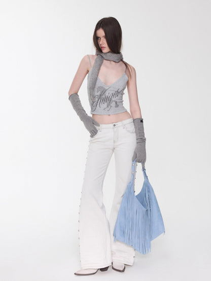 Studded Flared Denim Whisker Detailing Jeans