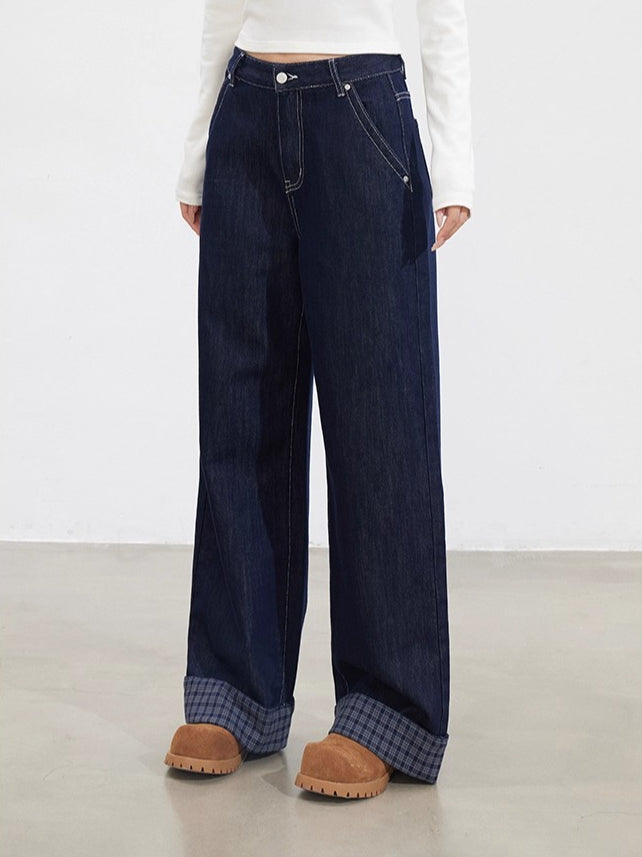 Navy Blue Plaid Patchwork Denim Wide-Leg Pants
