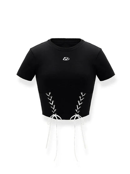 Color-Blocked Belted Straight-Shoulder Short Sleeve Top