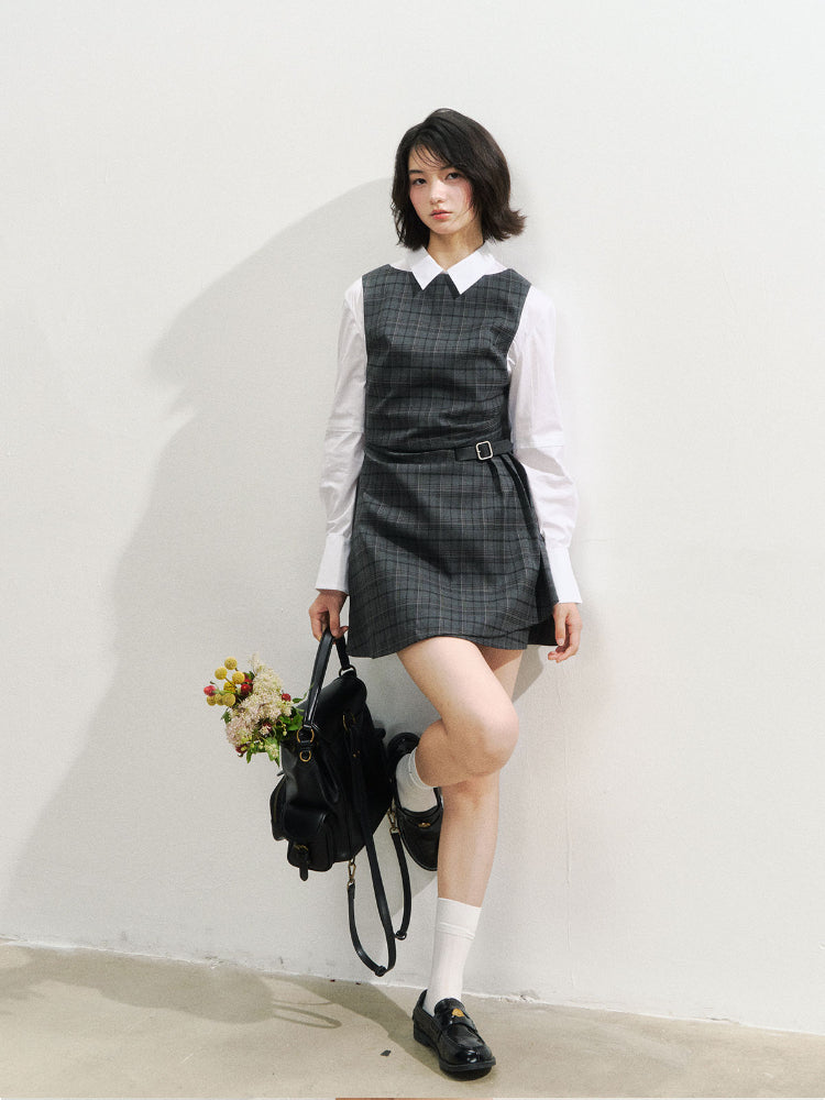 Fake Two-piece Checked Shirt Dress