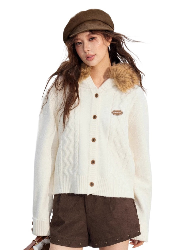 Cable Knit Fur-Collar Hoodie