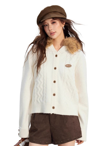 Cable Knit Fur-Collar Hoodie