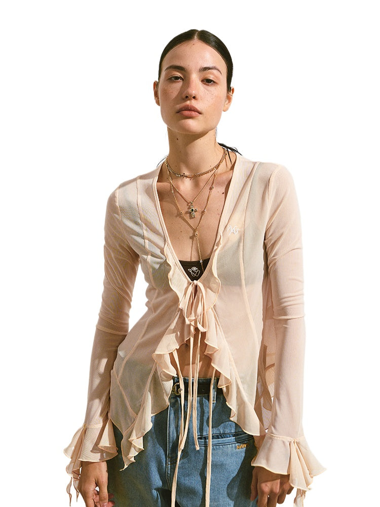 V-Neck Ruffle Mesh Overlay Top