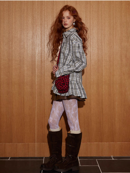 Drawstring Hem Plaid Long Shirt