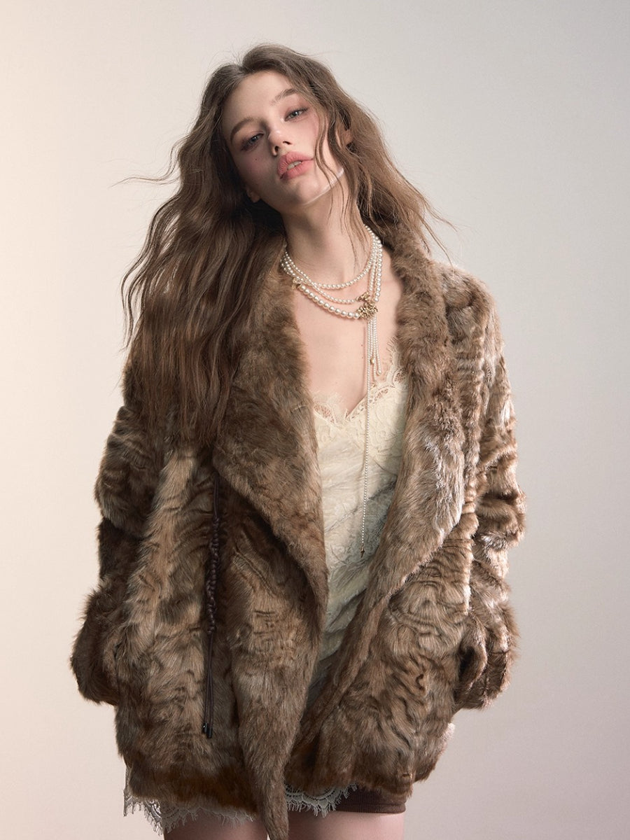 Textured Custom Large Notch Collar Faux Fur Coat