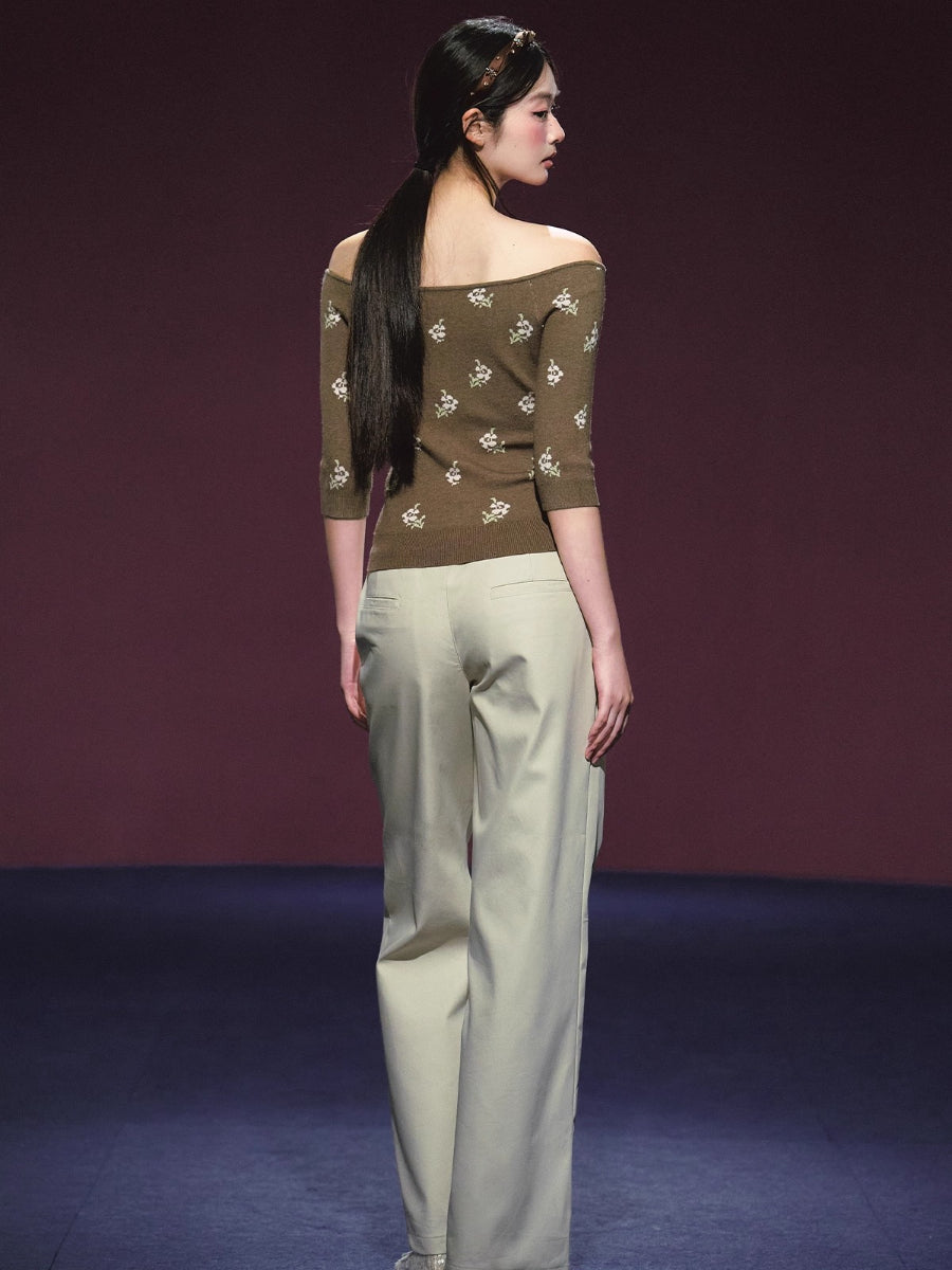 Floral Pattern Off-shoulder Mosaic Knit Cardigan