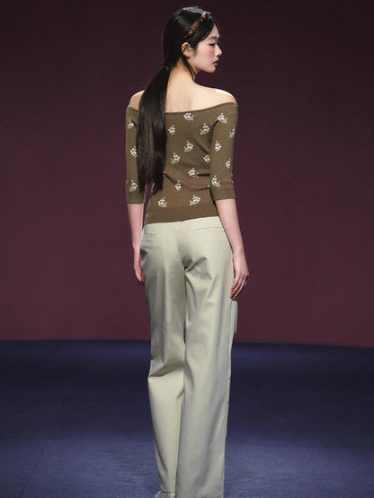 Floral Pattern Off-shoulder Mosaic Knit Cardigan