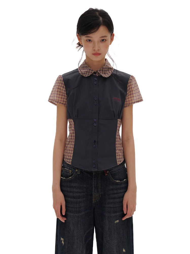 Retro Plaid Split Short Sleeve Shirt &amp; Puff Skirt Set