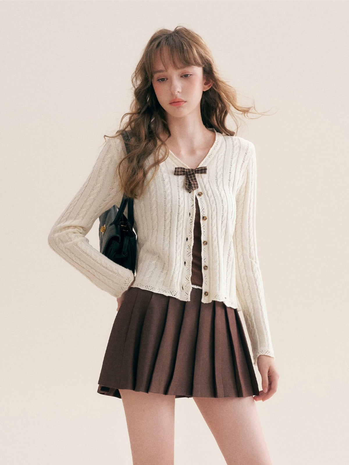 Plaid Bow Knit Cardigan
