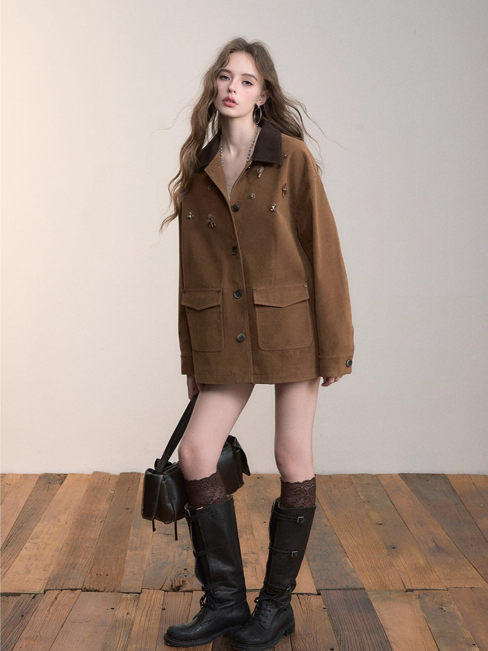 Brown Embellished Pocket Jacket