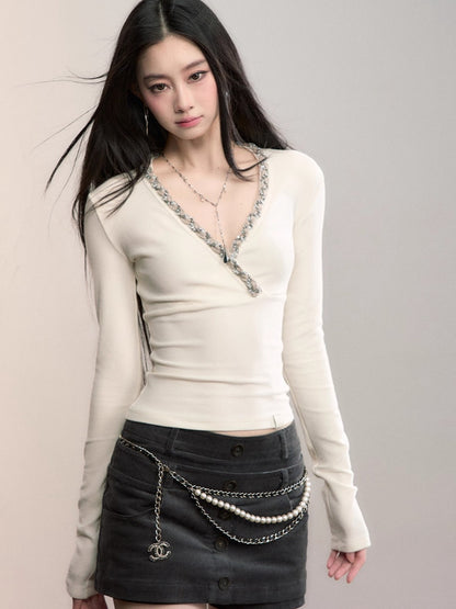 V-Neck Beaded Trim Knit Top