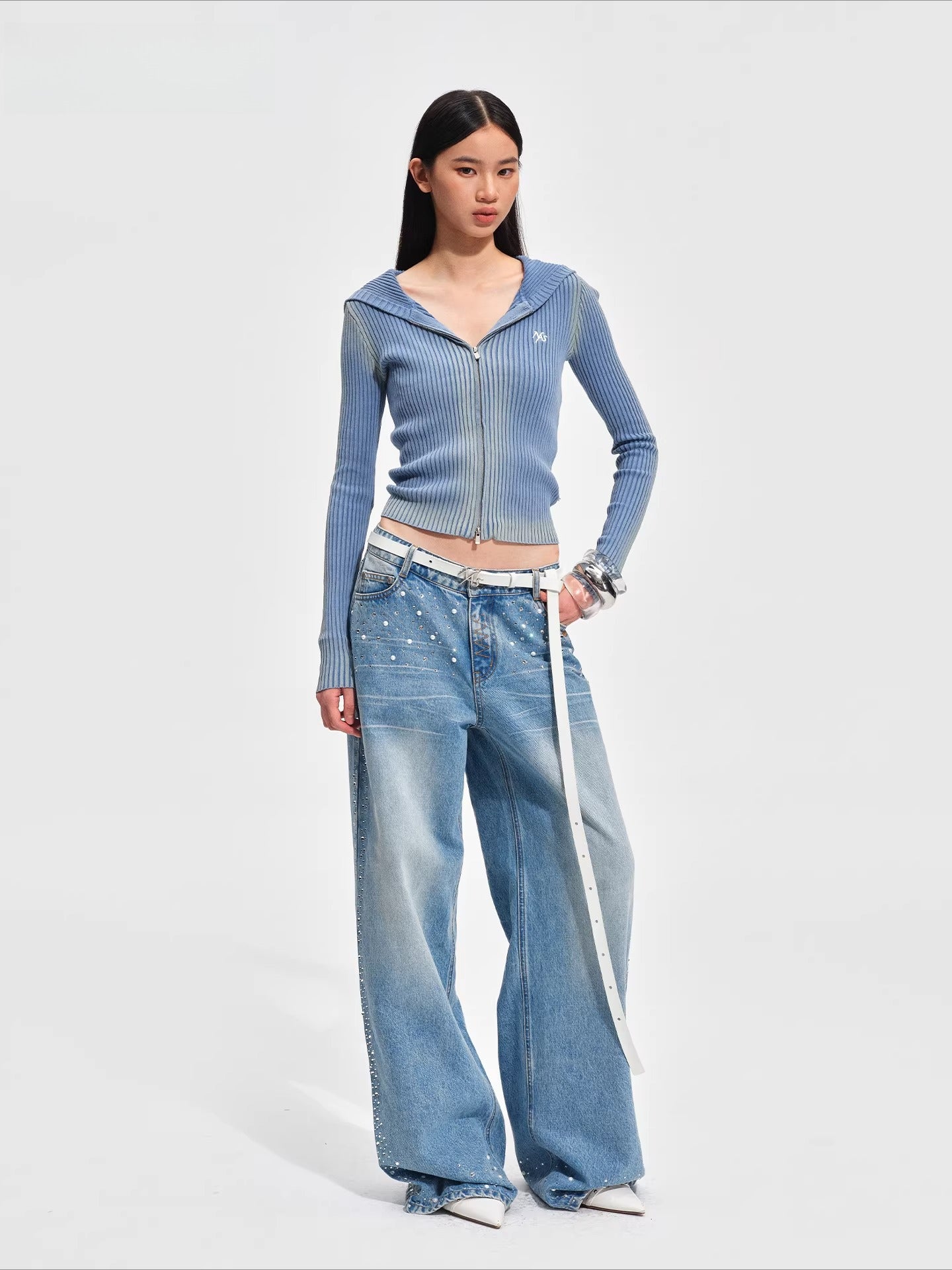 Low-Rise Wide-Leg Rhinestone Denim Pants