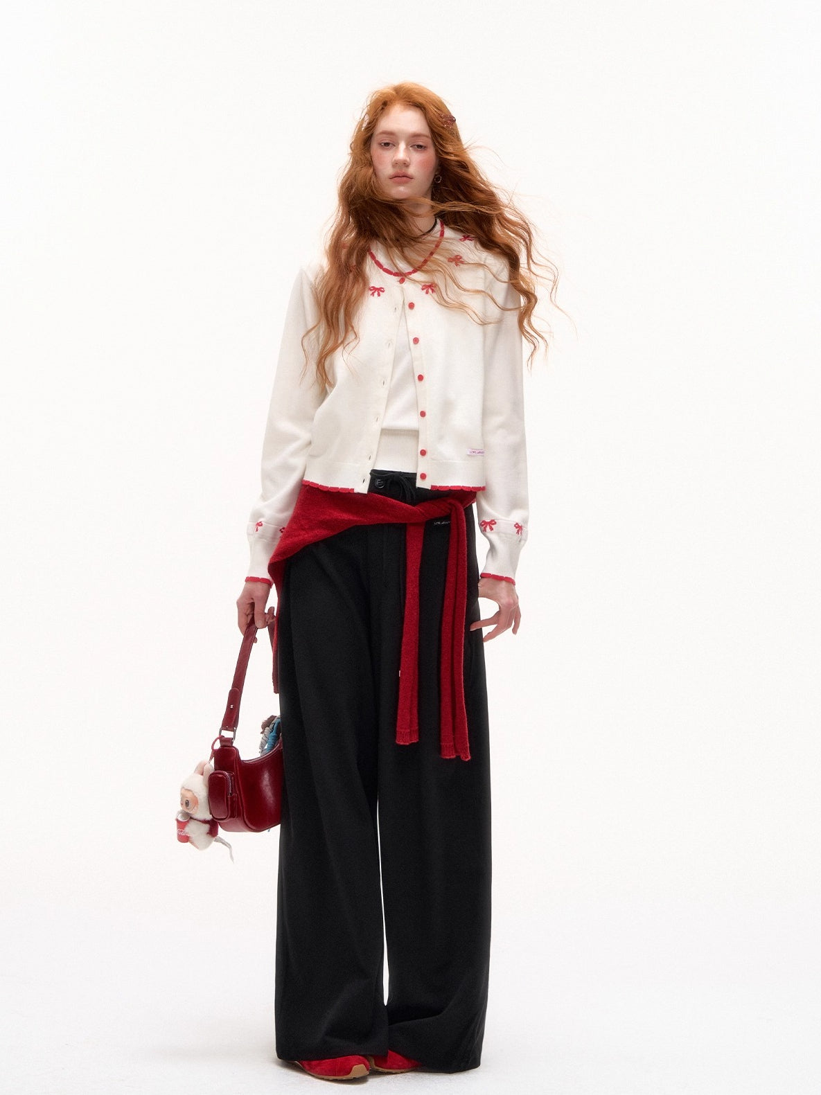 Bow Jacquard Contrast Knit Cardigan