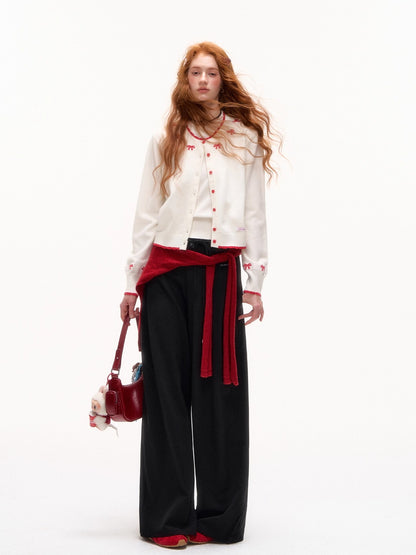 Bow Jacquard Contrast Knit Cardigan