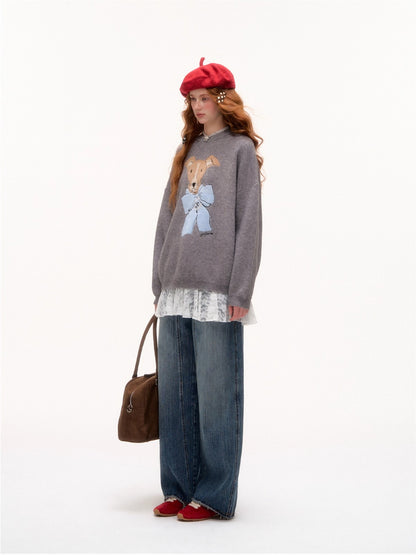 Bow-Knot Puppy Jacquard Pullover Sweater