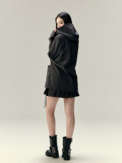Hooded Waist Cinching Double-Breasted Blazer