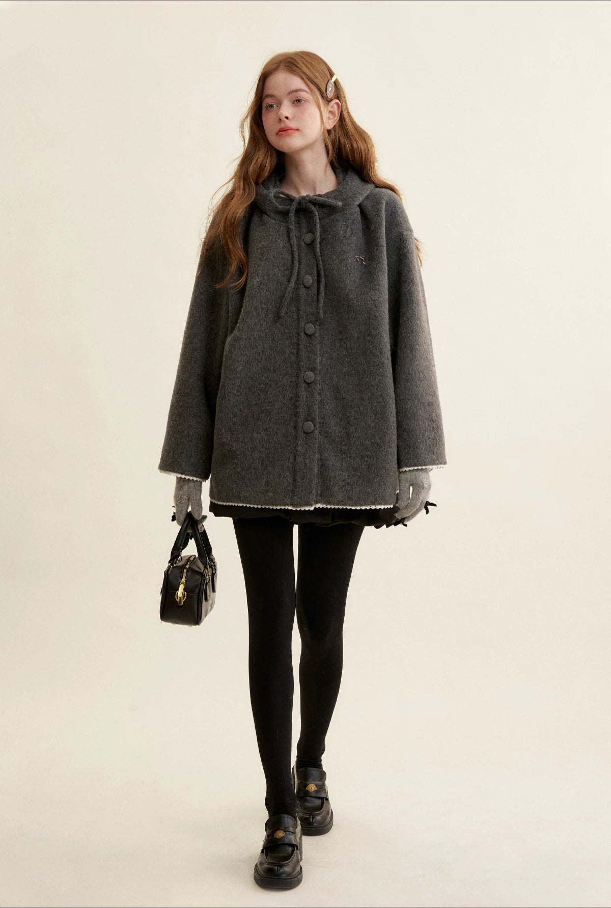 Gray Bow Hooded Cape Coat