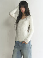 Lace Trim V-Neck Cable Knit Sweater