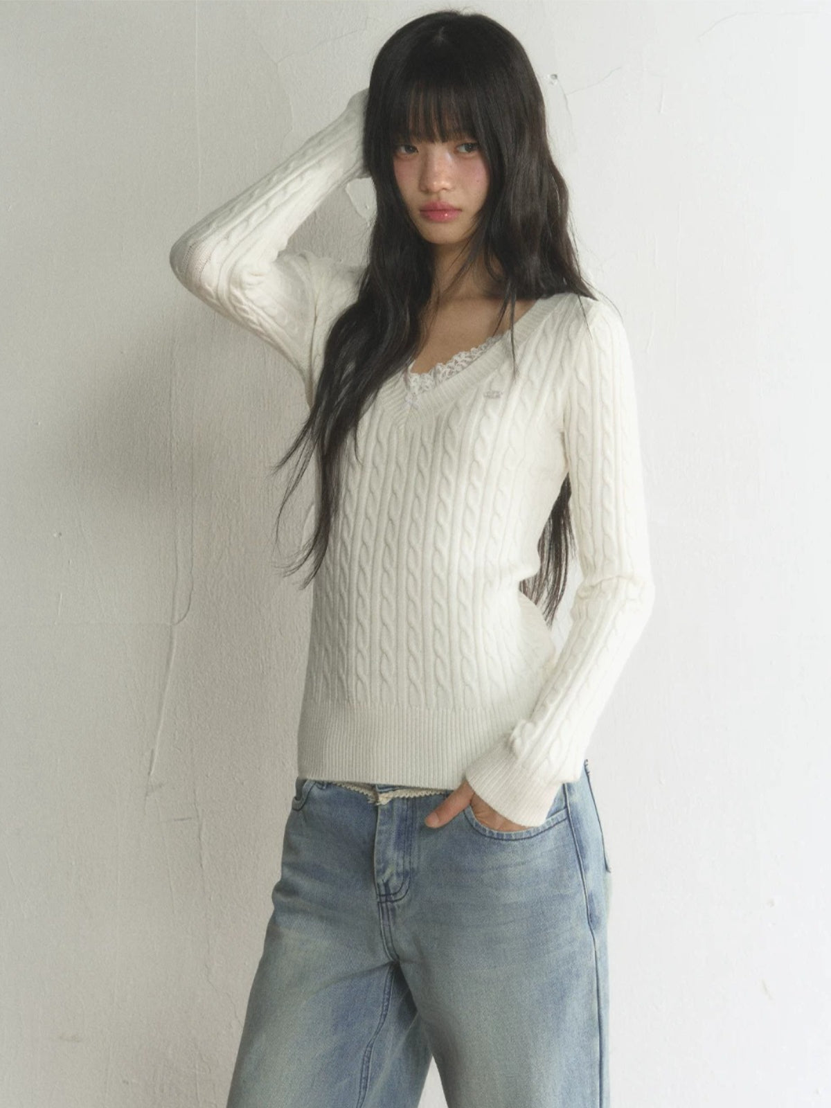 Lace Trim V-Neck Cable Knit Sweater