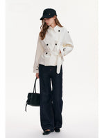 Buttoned Lapel Belted Cropped Trench Coat