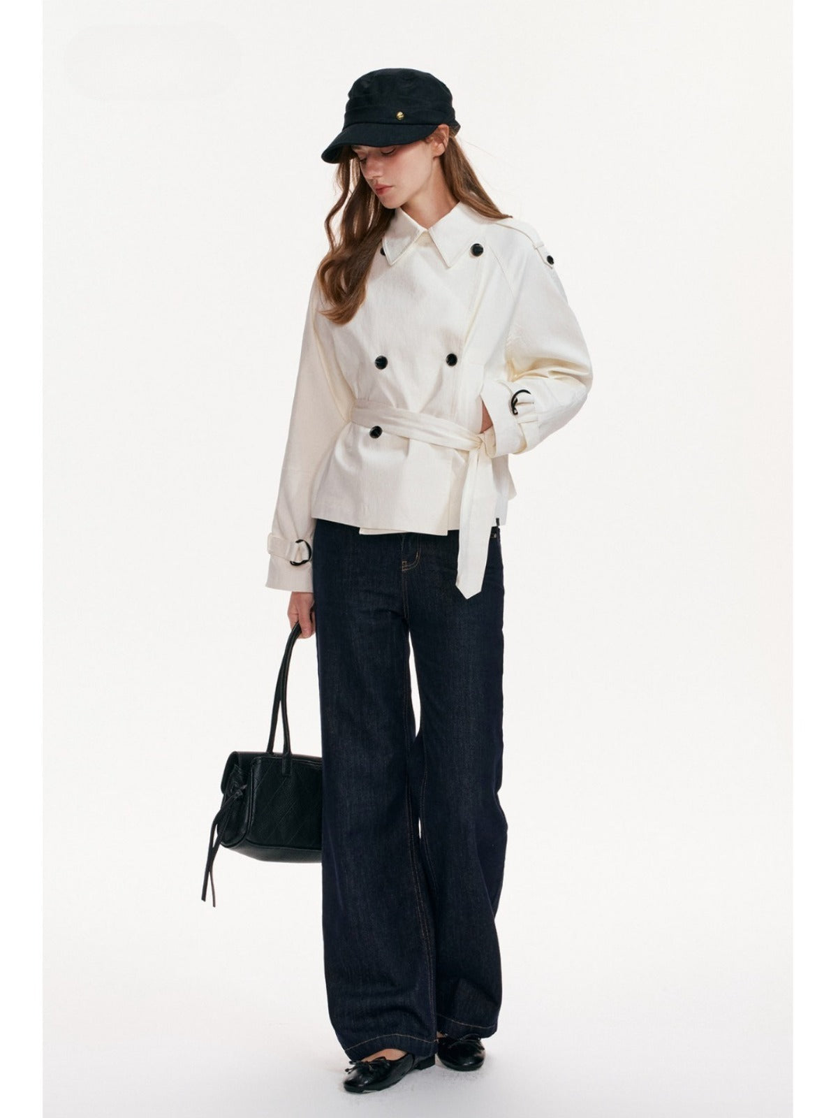 Buttoned Lapel Belted Cropped Trench Coat