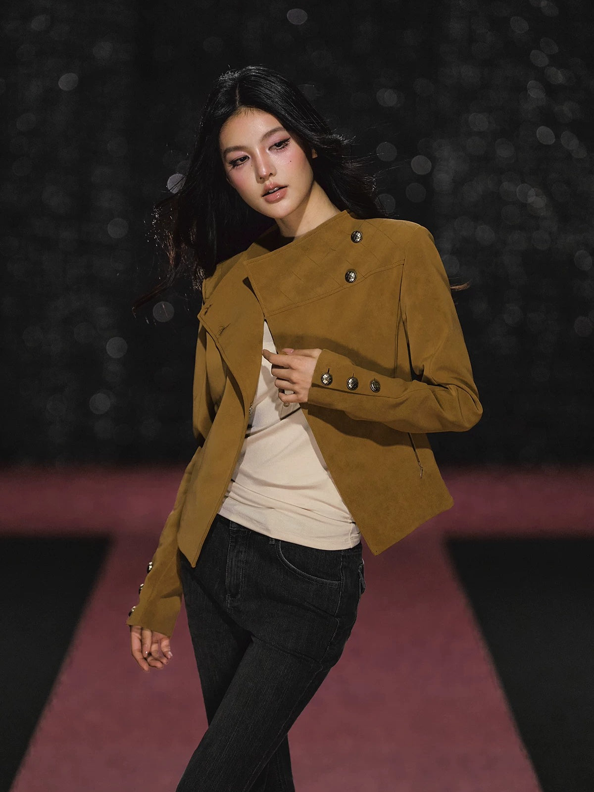 Asymmetric Diamond Quilted Faux Suede Jacket