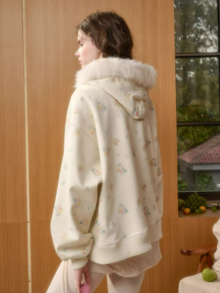 Floral Fur-Trim Hooded Cardigan &amp; Pants Set
