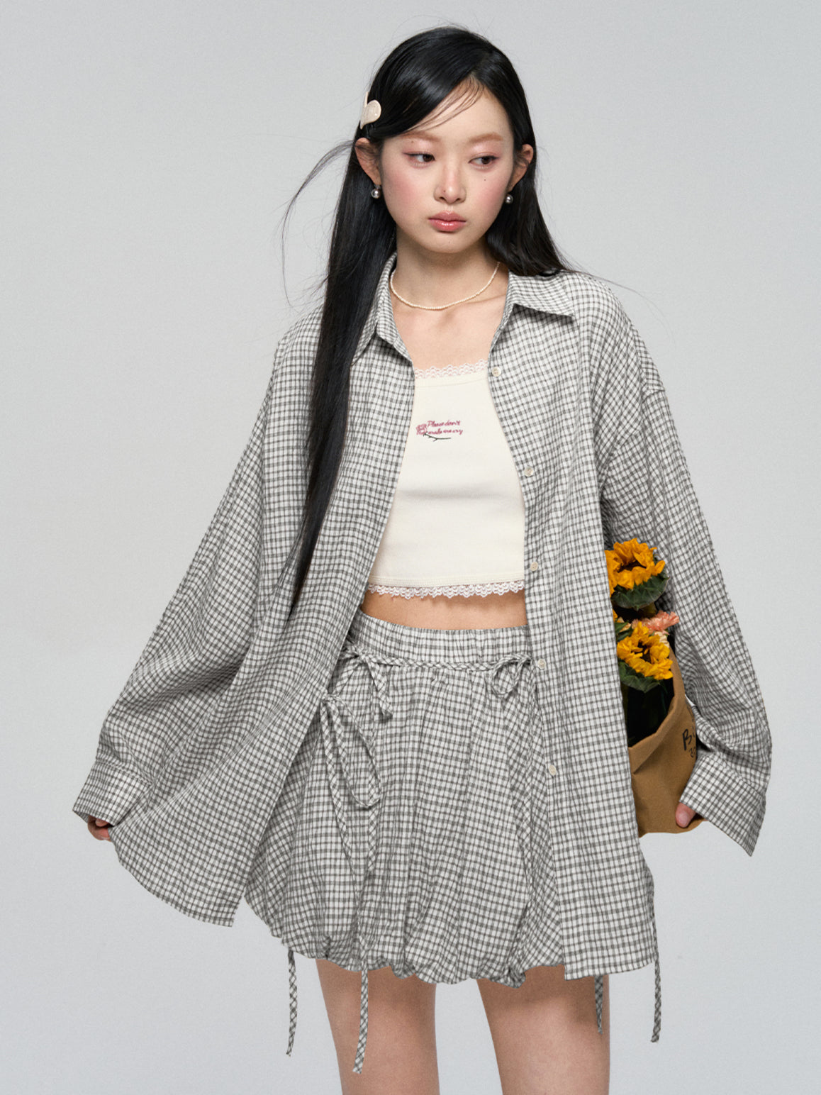 Khaki &amp; Black Retro Check Shirt &amp; Skirt Set