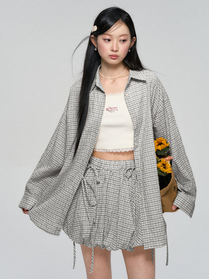 Khaki &amp; Black Retro Check Shirt &amp; Skirt Set