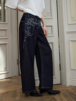 Embroidered Curved Wide-Leg Jeans