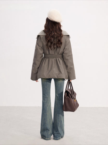 Belted Contrast-Knit Collar Down Coat