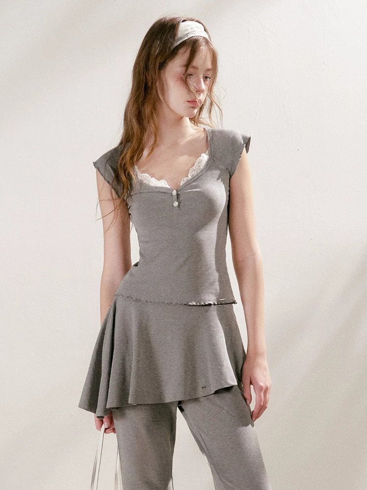 Lace U-Neck Fitted T-Shirt &amp; Pants Set