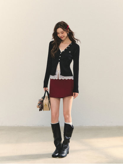 Lace Tie Fake Two-Piece Knitted Cardigan