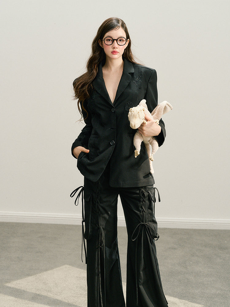 Black &amp; Ivory White Tie-Waist Wide-Leg Pants