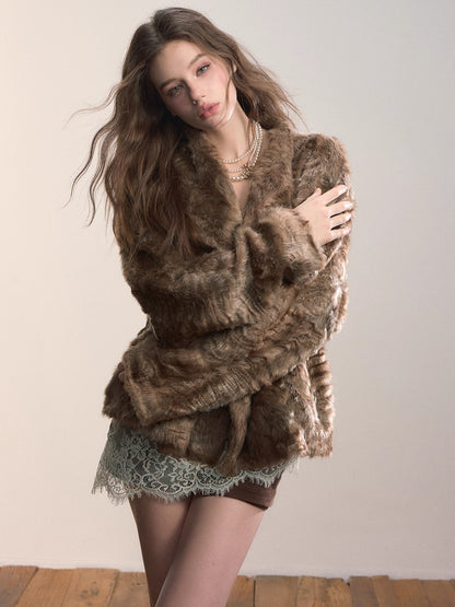 Textured Custom Large Notch Collar Faux Fur Coat