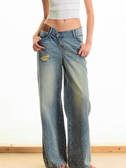 Washed Rhinestone Straight-Leg Wide-Leg Pants