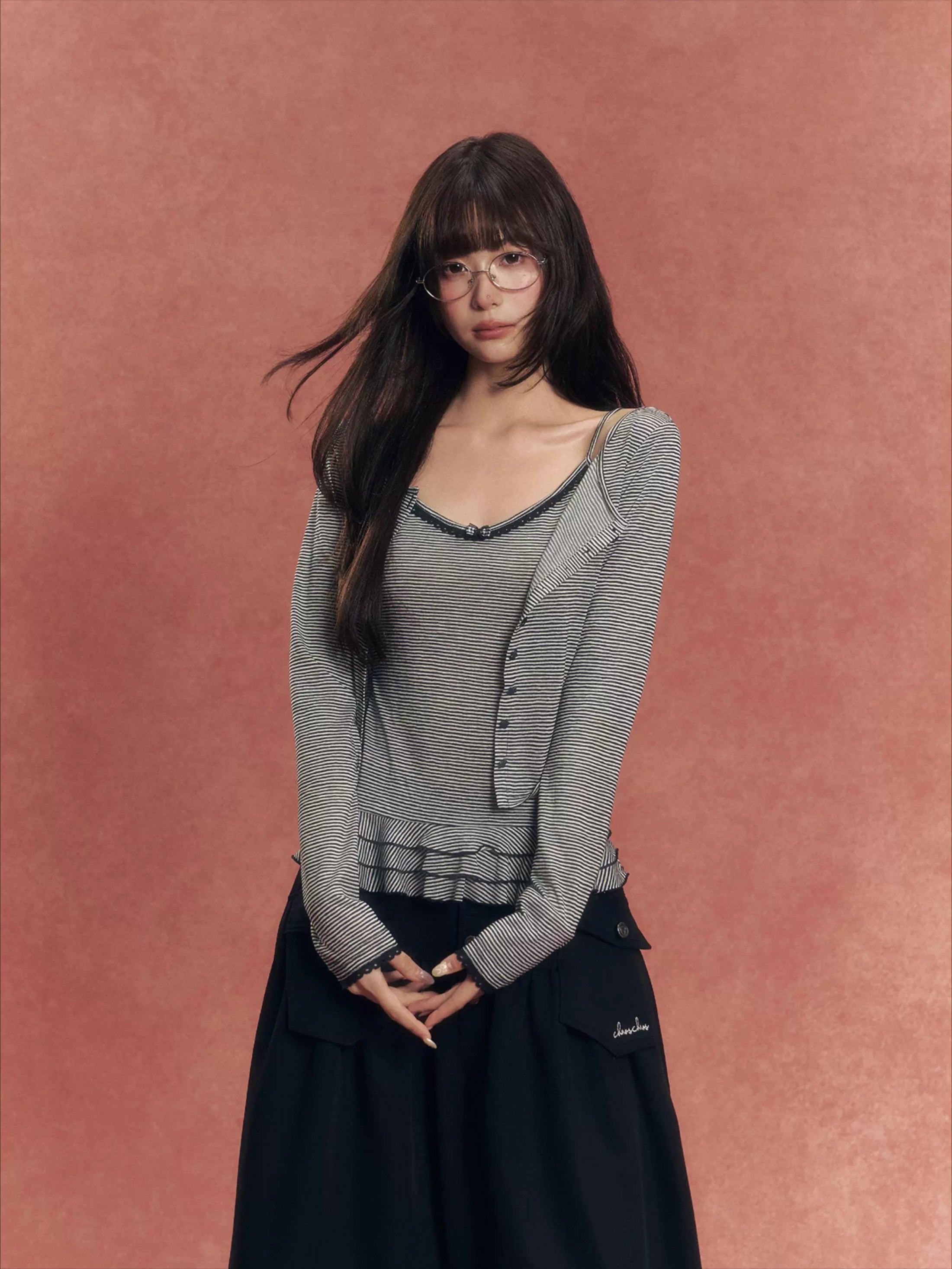 Lyocell Stripe Cardigan &amp; Lace-Trim Cami Set